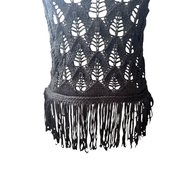 Zara Black Boho Open Weave Knit Crochet Fringe Tank Top Small - Picture 6 of 16